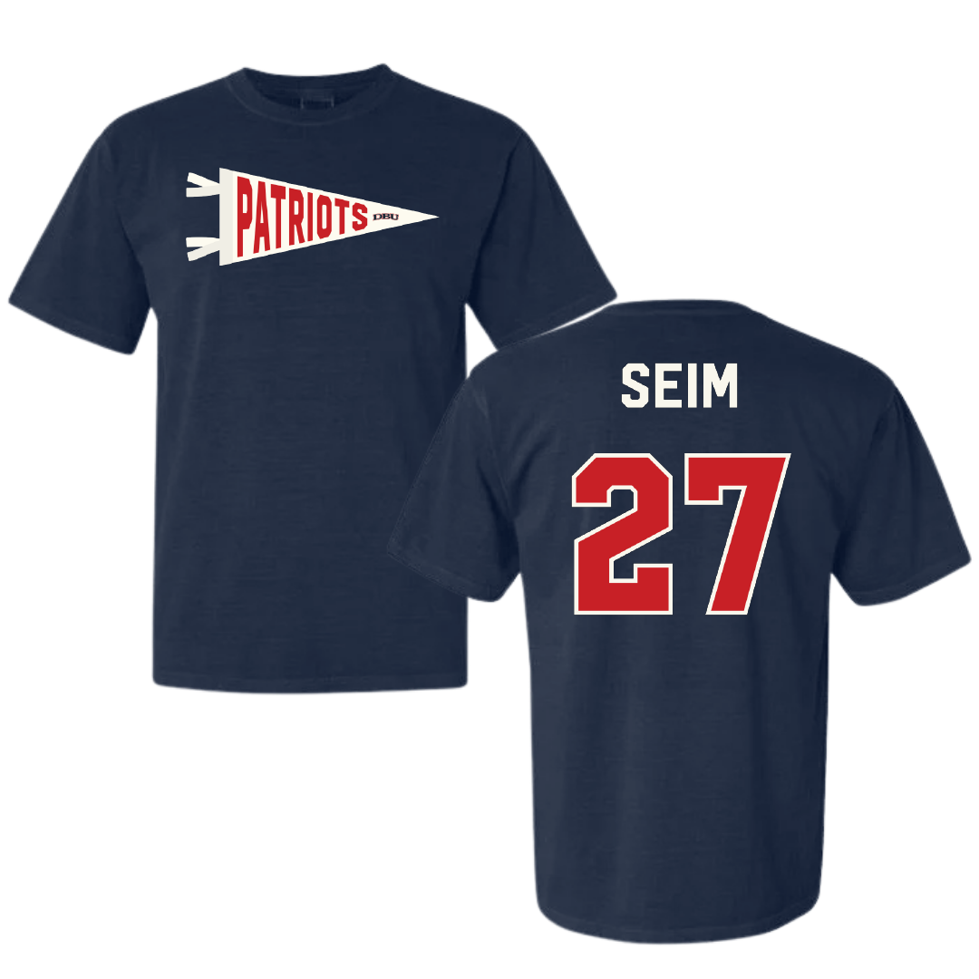 Dallas Baptist University Ice Hockey Navy Pennant Comfort Colors Tee - #27 Daniel Seim