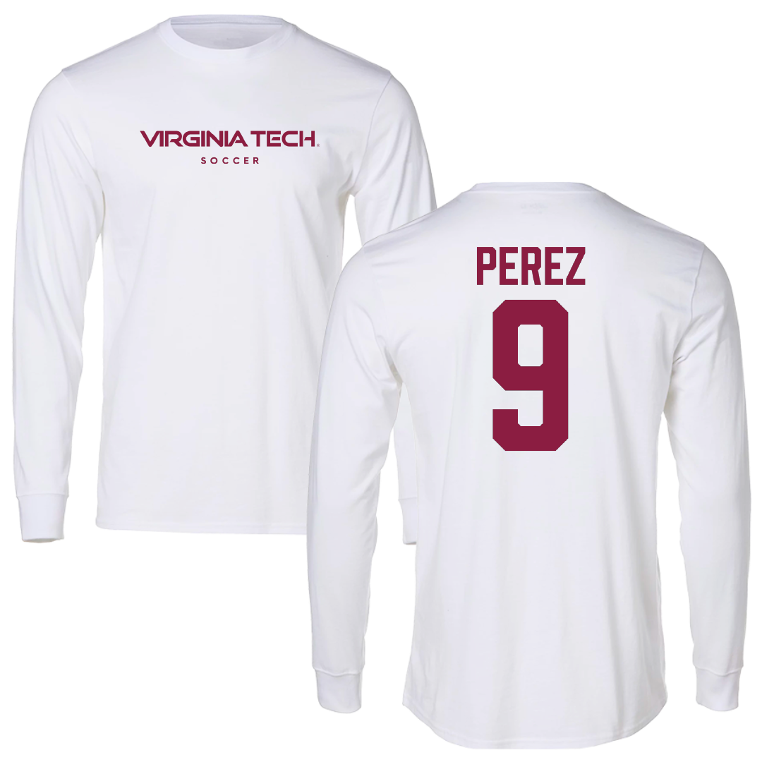 Virginia Tech Soccer White Performance Long Sleeve - #9 Alex Perez