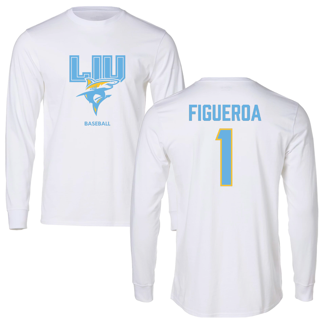 Long Island University Baseball White Block Long Sleeve - #1 Nate Figueroa