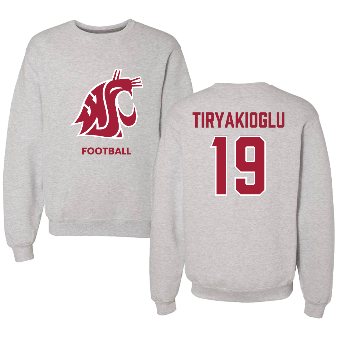 Washington State University Football Light Gray Crewneck - #19 Jake Tiryakioglu