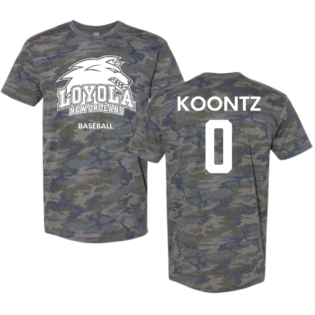 Loyola University New Orleans Baseball Vintage Camo Tee - #0 Kash Koontz