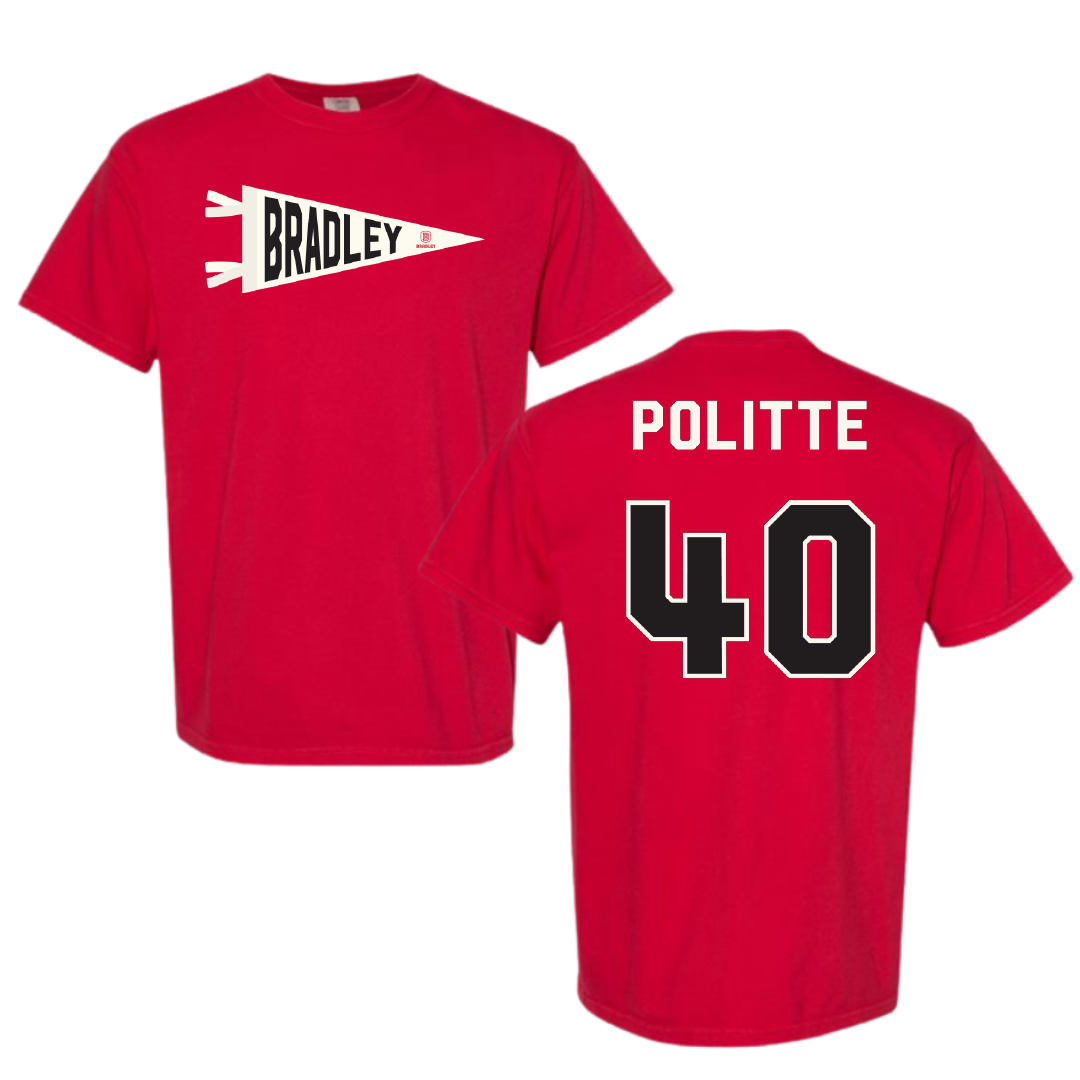 Bradley University Baseball Red Pennant Comfort Colors Tee - #40 Drew Politte