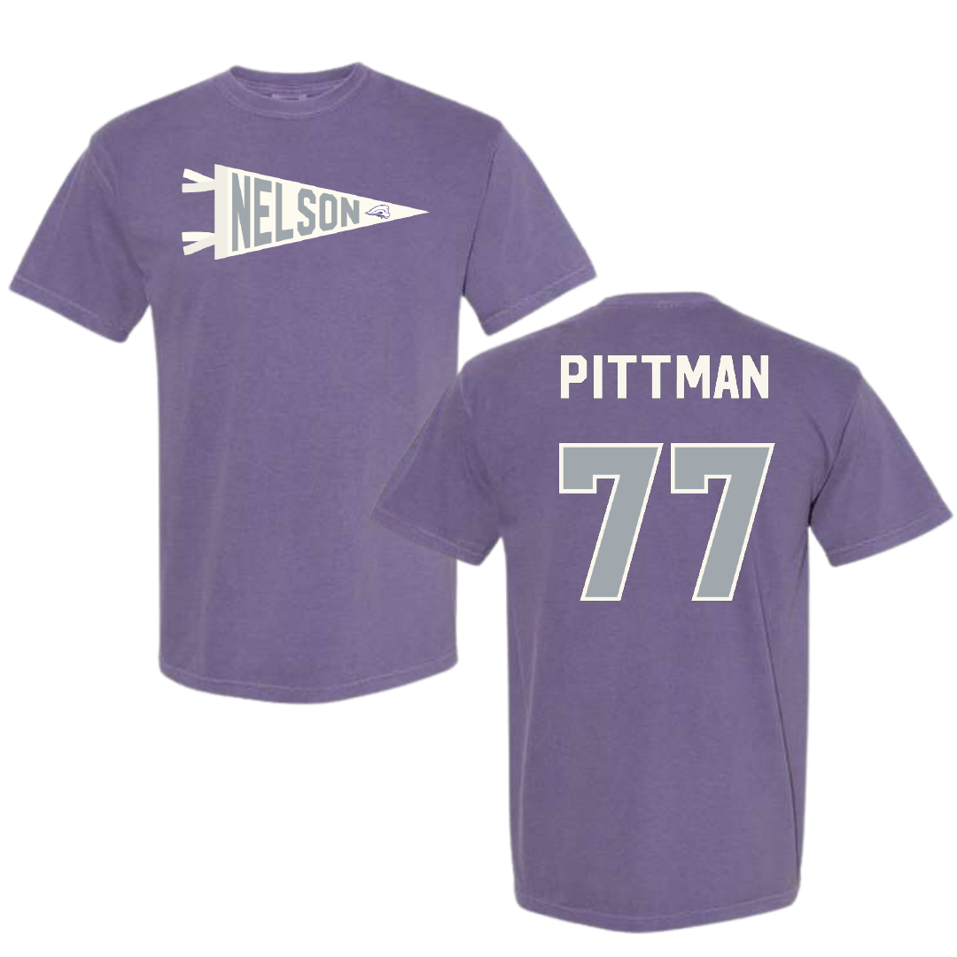 Nelson University Baseball Purple Pennant Comfort Colors Tee - #77 Rustin Pittman