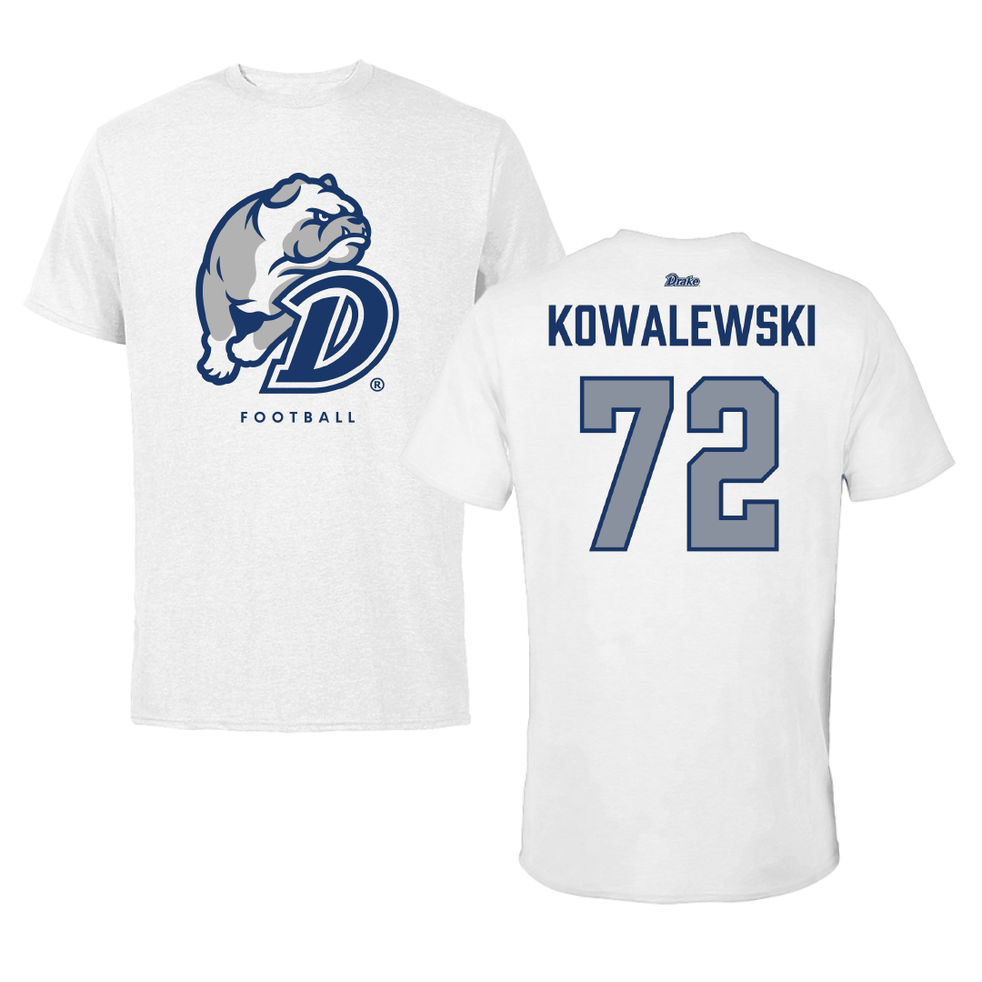 Drake University Football White Performance Tee - #72 Will Kowalewski