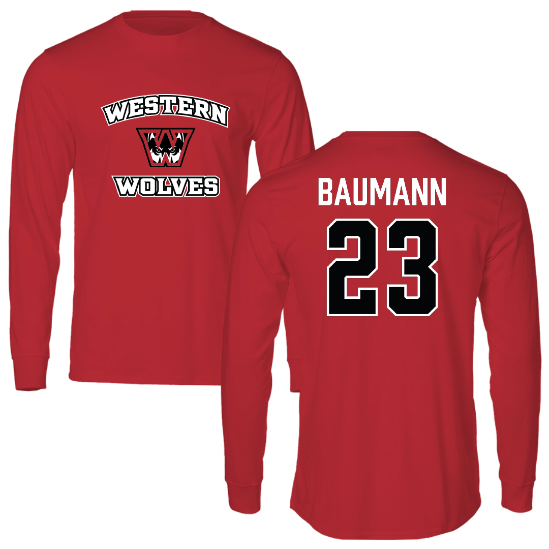 Western Oregon University Basketball (M) Red General Long Sleeve - #23 Parker Baumann