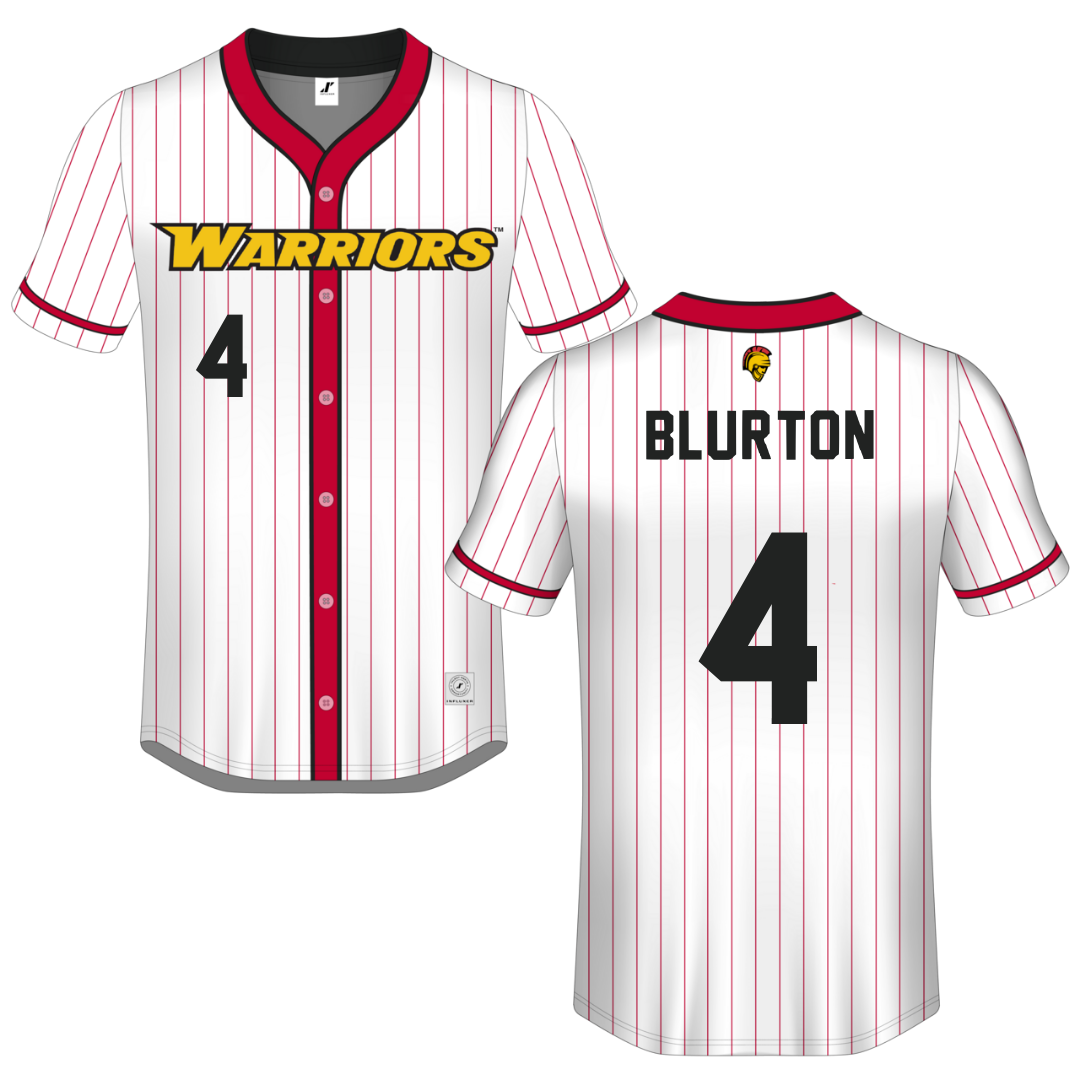Stanislaus State White Pinstripe Button-Down Jersey - #4 Eli Blurton
