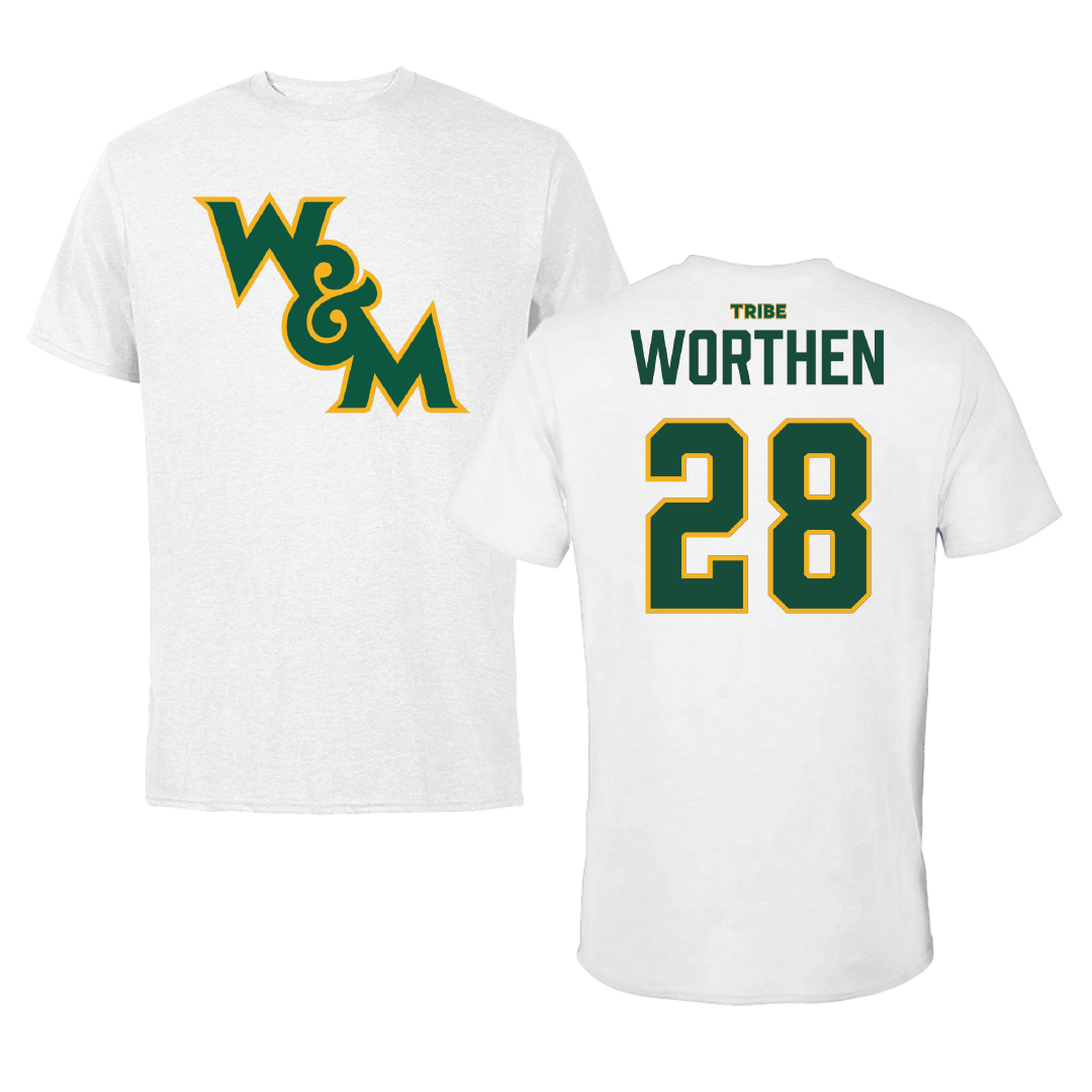 William & Mary Football White Tee - #28 Jake Worthen