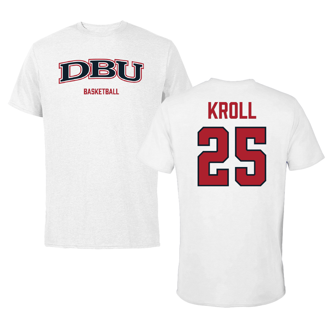 Dallas Baptist University Basketball (M) White Performance Tee - #25 Graham Kroll