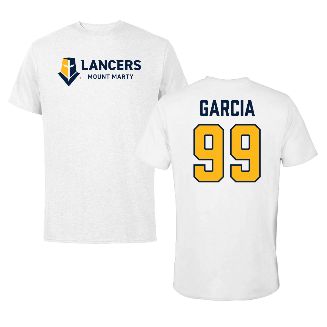 Mount Marty University Football White Performance Tee - #99 Jose Garcia
