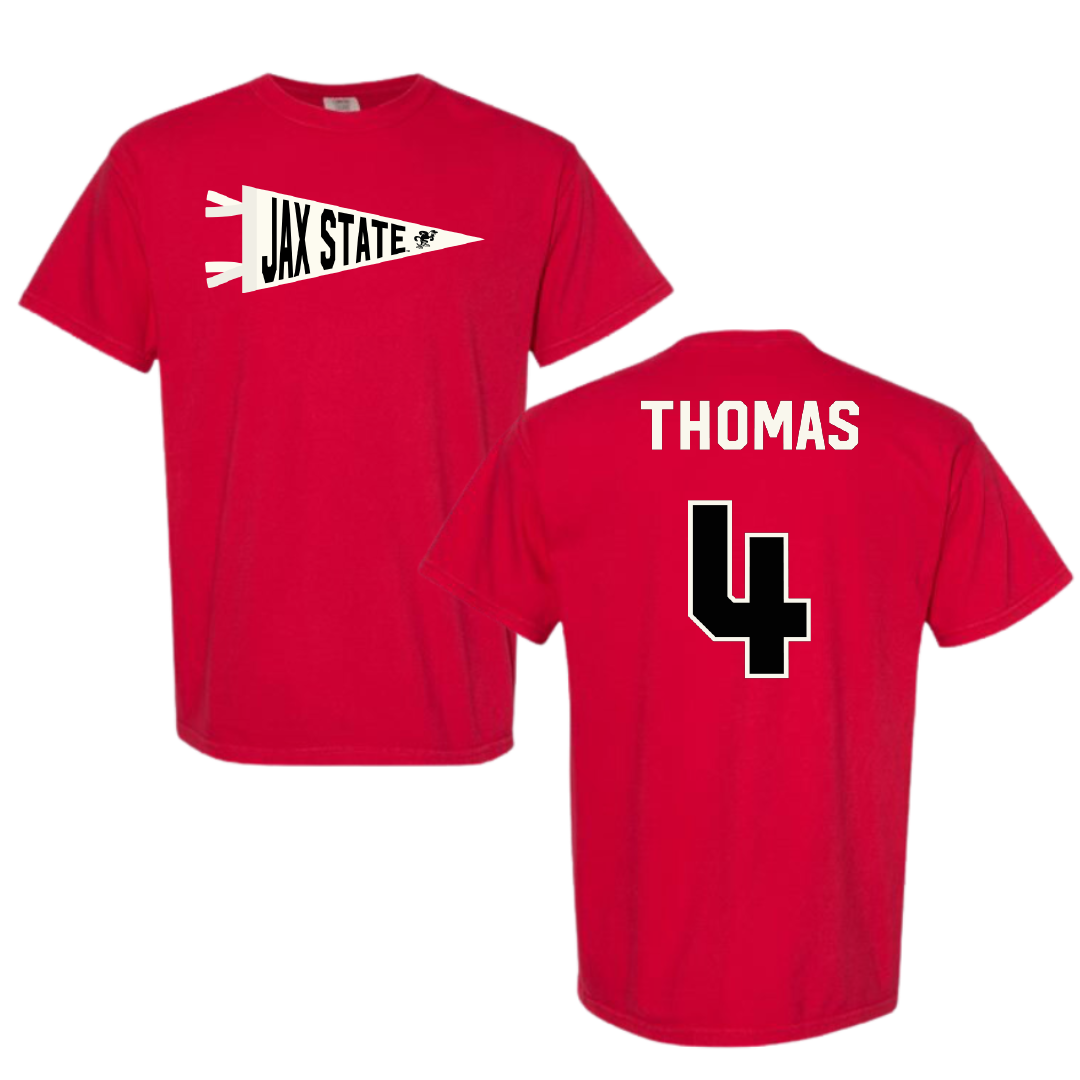 Jacksonville State University Baseball Red Pennant Comfort Colors Tee - #4 Kenskey Thomas