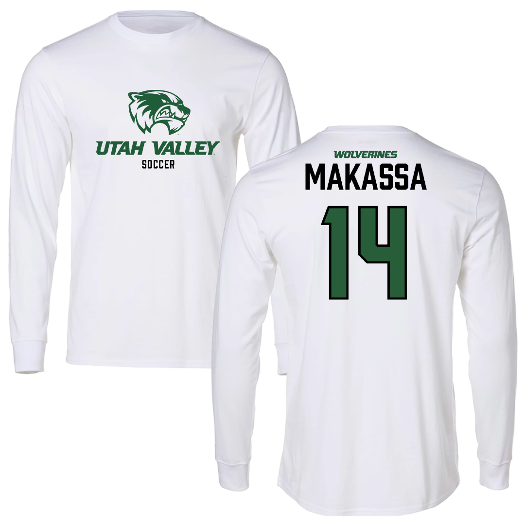 Utah Valley University Soccer (M) White Performance Long Sleeve - #14 Dodi Makassa