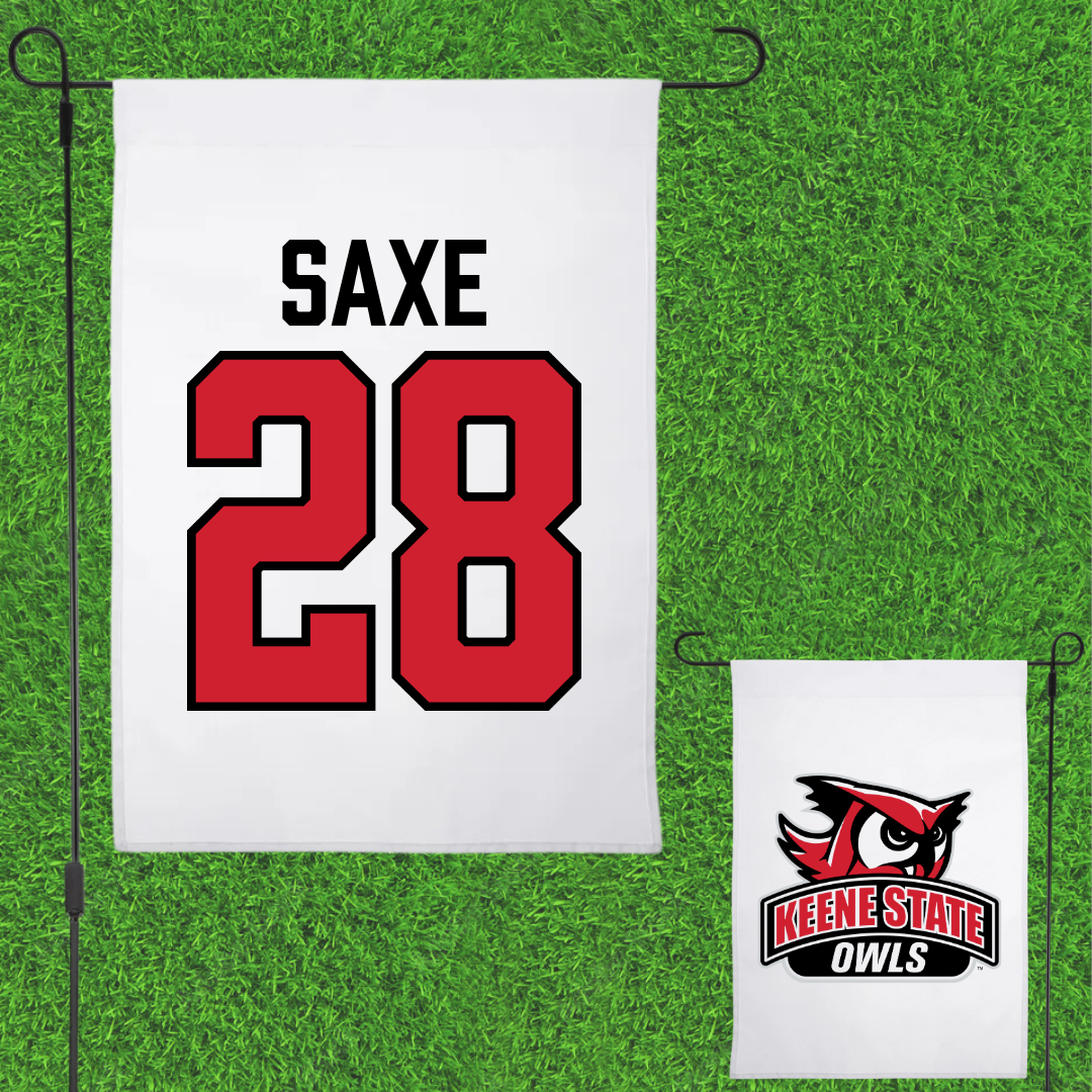 Keene State College Soccer White Garden Flag - #28 Bennett Saxe