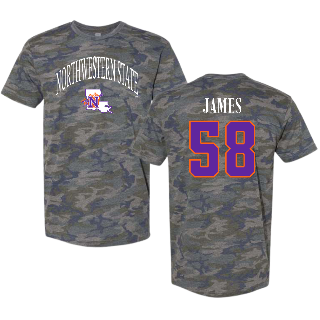Northwestern State University Football Vintage Camo Tee - #58 Coby James