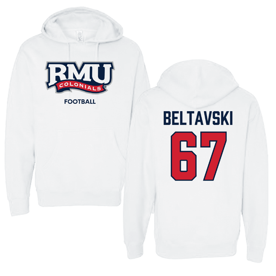 Robert Morris University Football White Colonials Hoodie - #67 Luke Beltavski