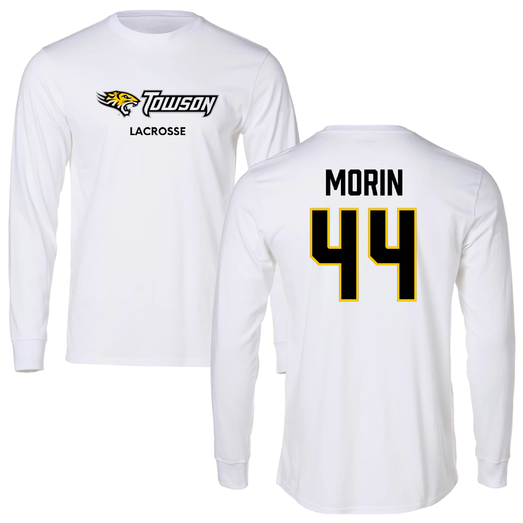 Towson University Lacrosse (M) White Performance Long Sleeve - #44 Sam Morin