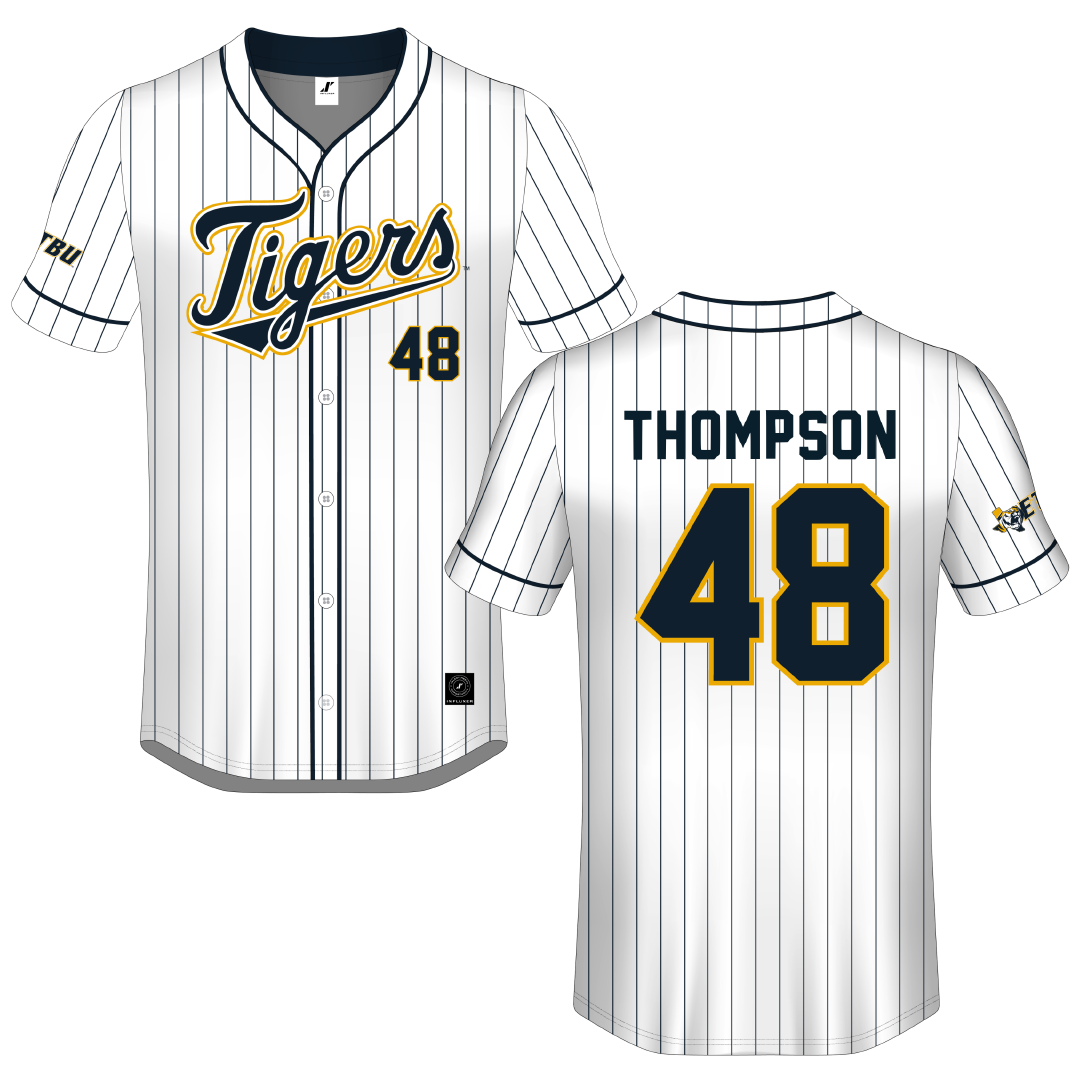 East Texas Baptist University White Pinstripe Button-Down Jersey - #48 Jaxson Thompson