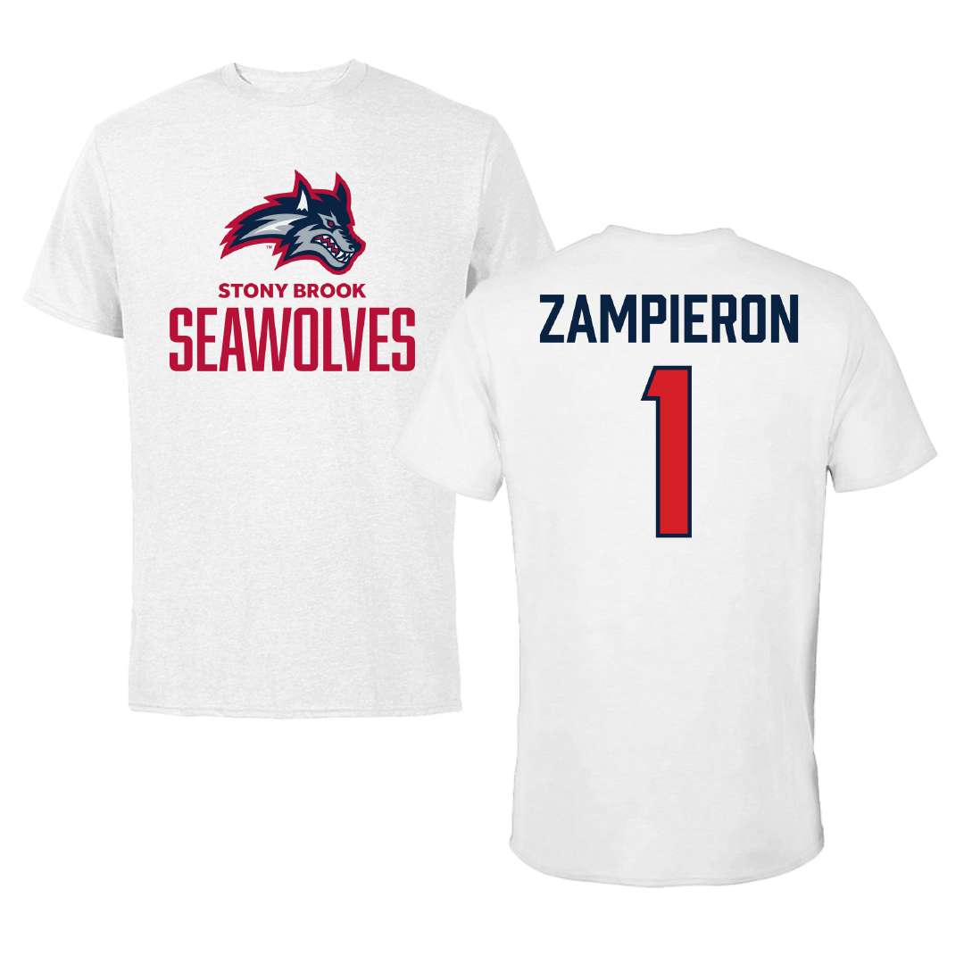 Stony Brook University Baseball White Tee - #1 Nick Zampieron