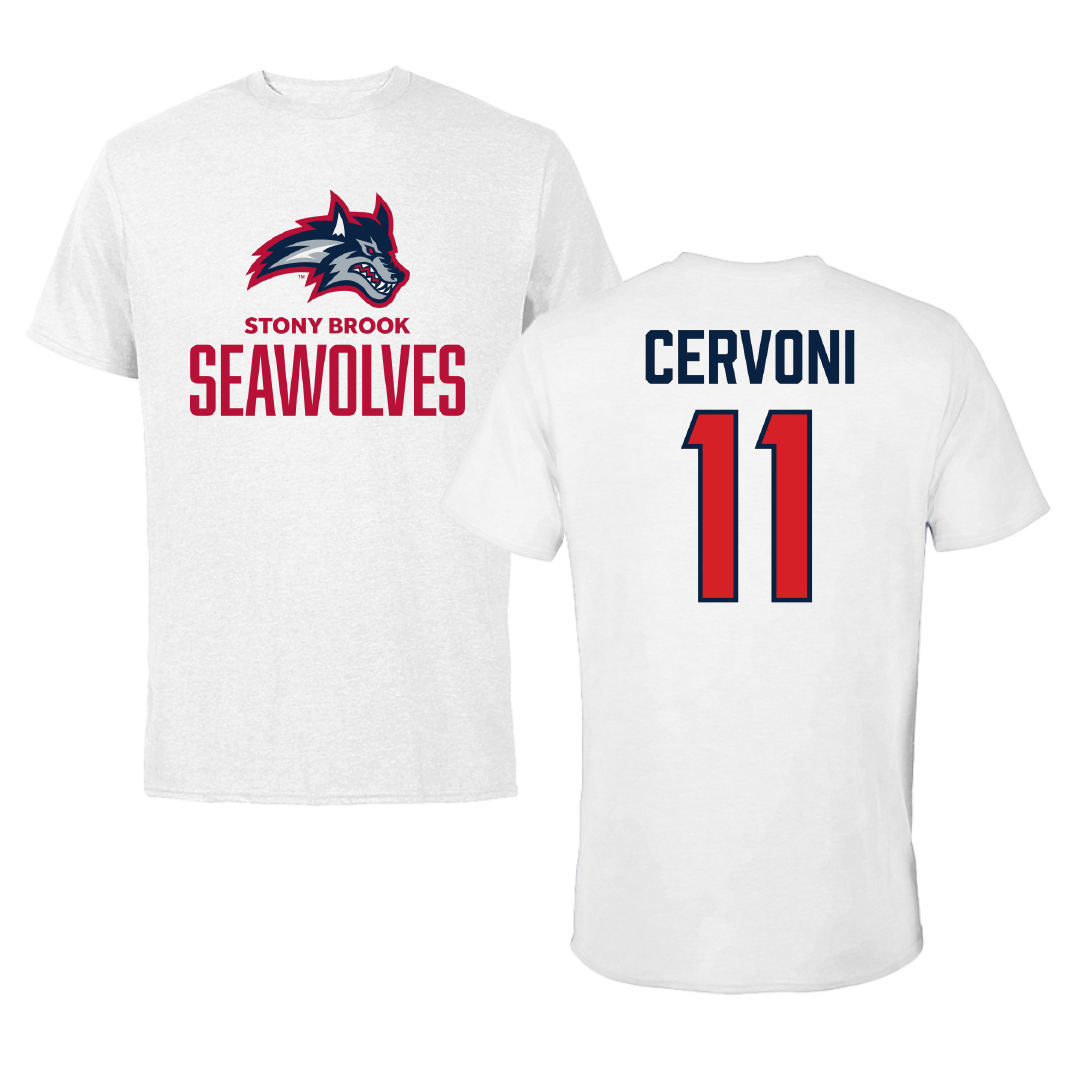 Stony Brook University Baseball White Tee - #11 Mike Cervoni
