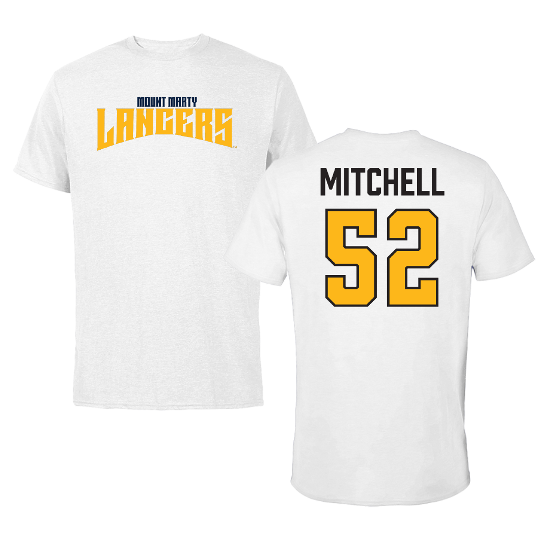 Mount Marty University Football White Classic Performance Tee - #52 Brycen Mitchell