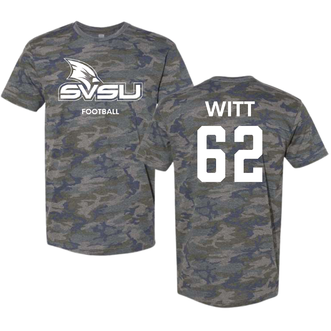 Saginaw Valley State University Football Vintage Camo Tee - #62 Trevor Witt
