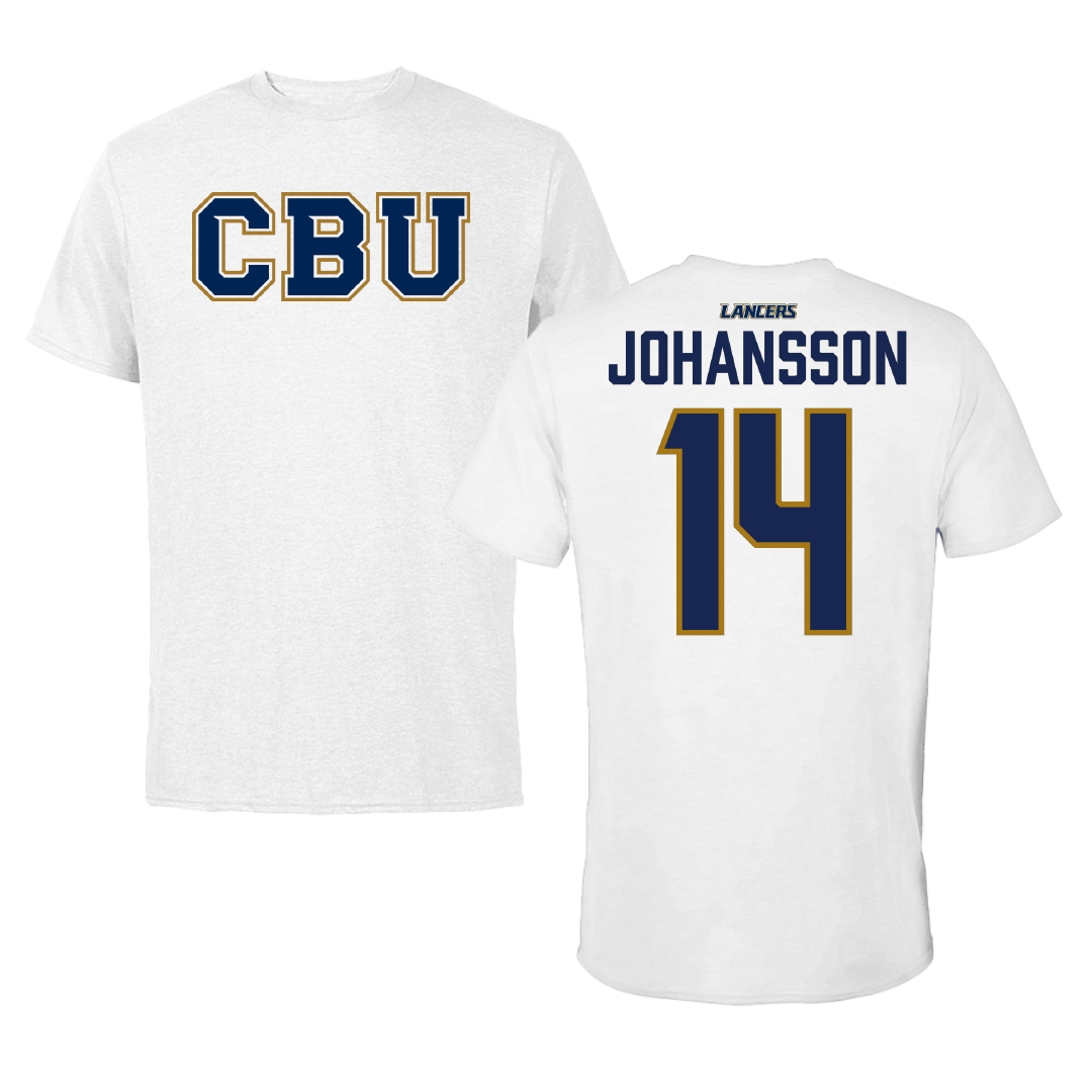 California Baptist University Basketball White Tee - #14 Emma Johansson