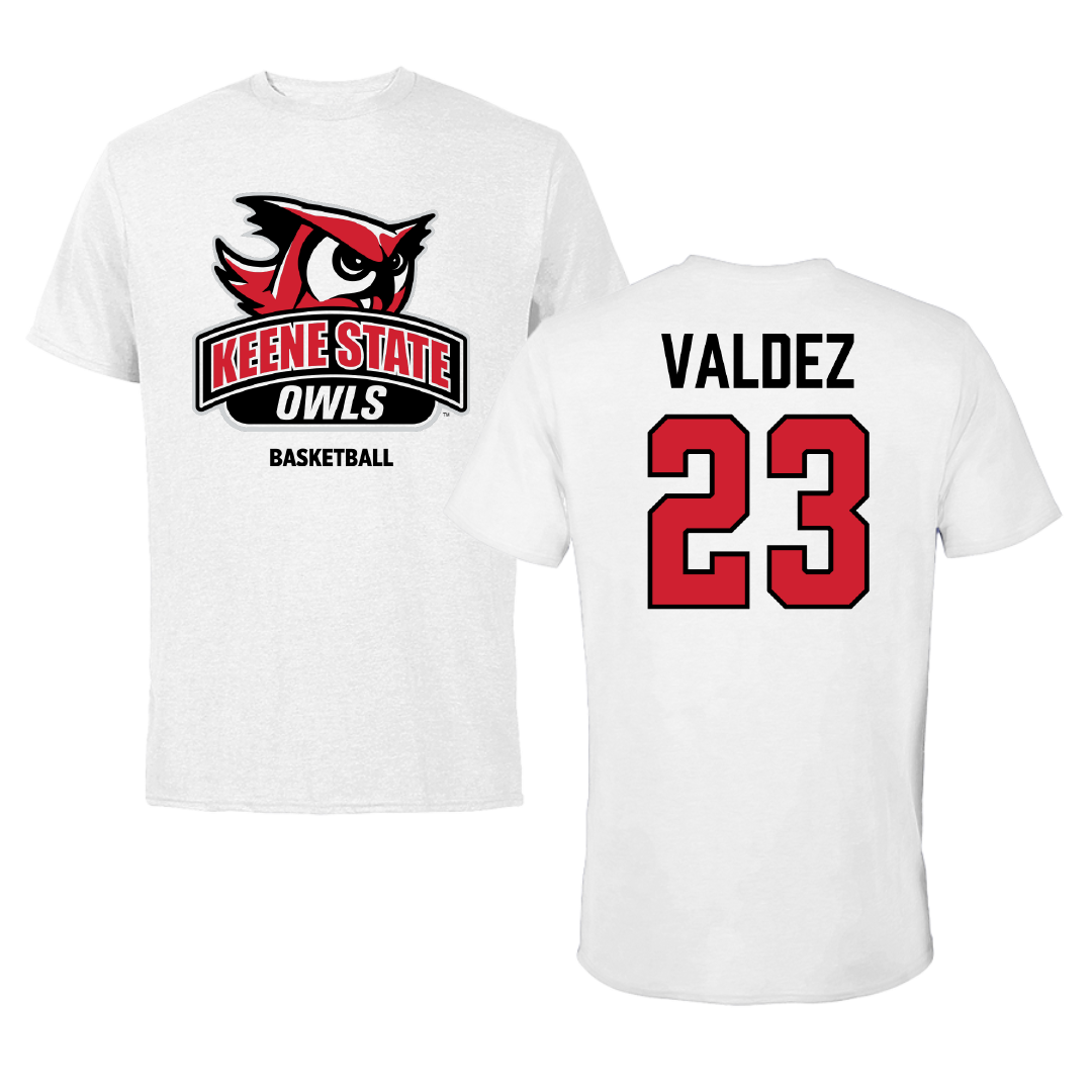 Keene State College Basketball (M) White Performance Tee - #23 Jhoan Valdez