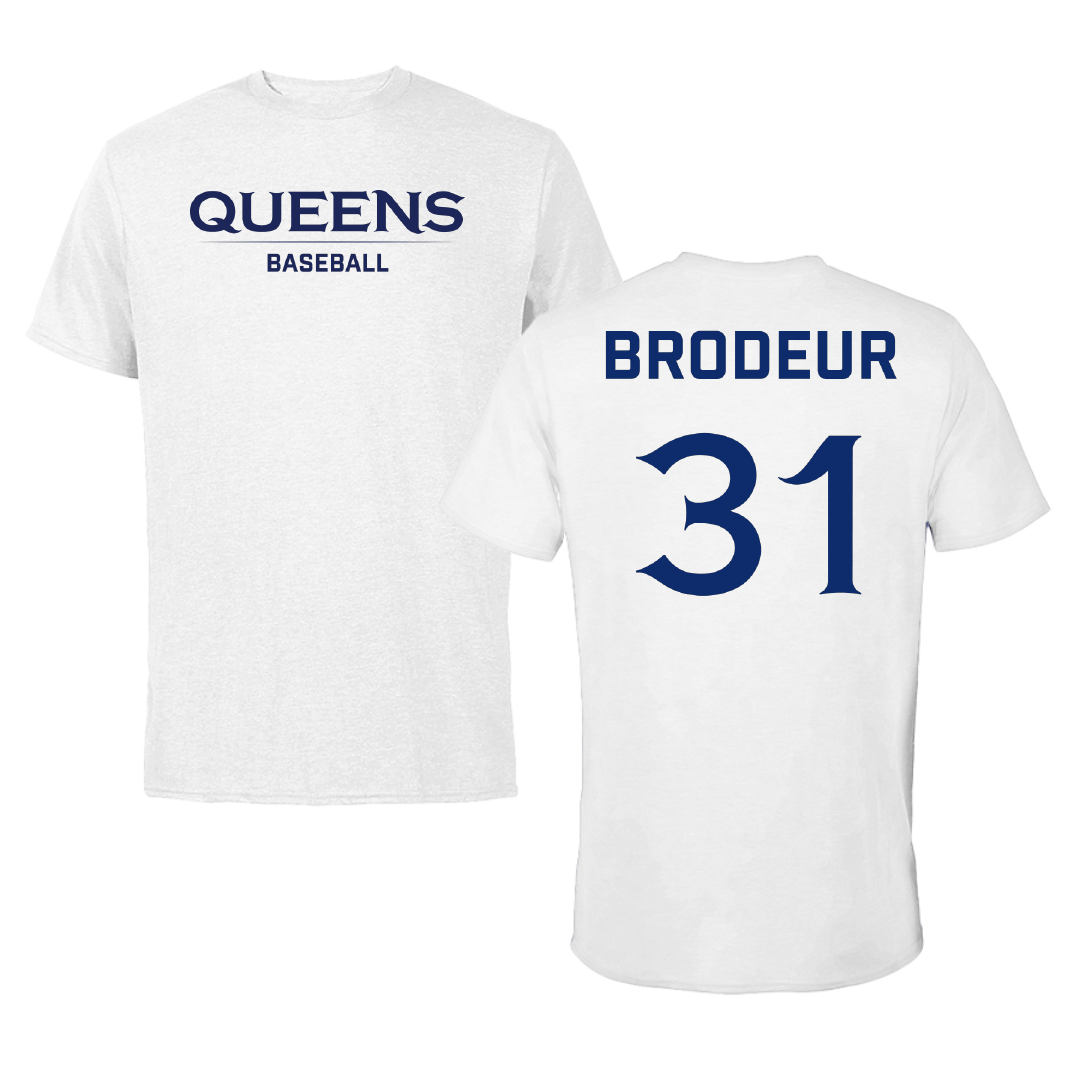 Queens University of Charlotte Baseball White Performance Tee - #31 Jack Brodeur