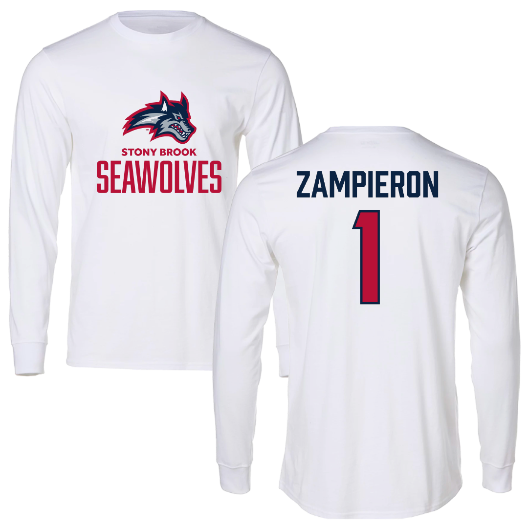 Stony Brook University Baseball White Long Sleeve - #1 Nick Zampieron