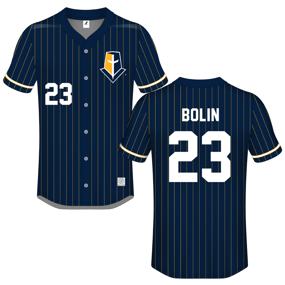 Mount Marty University Navy Pinstripe Button-Down Jersey - #23 Lily Bolin