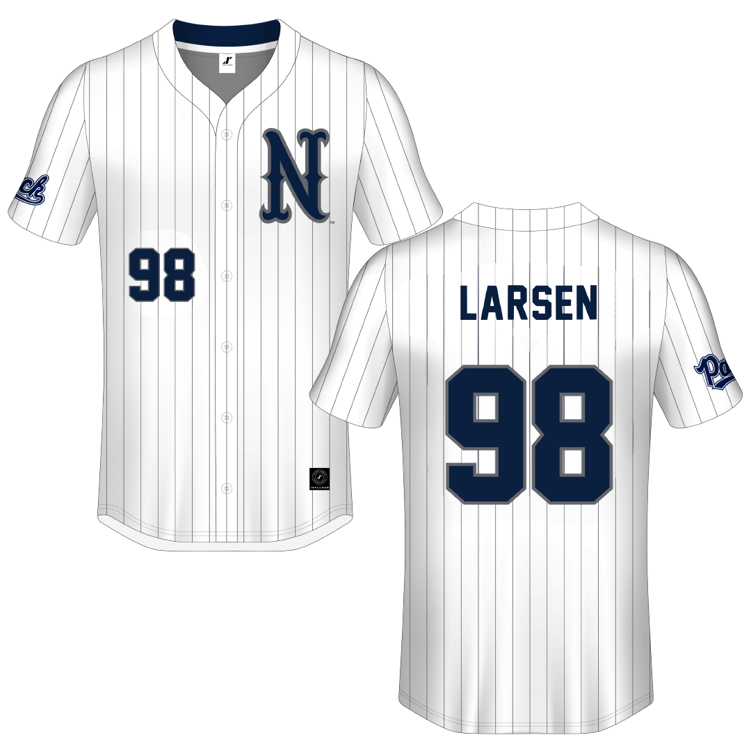 University of Nevada White Pinstripe Button-Down Jersey - #98 Maya Larsen