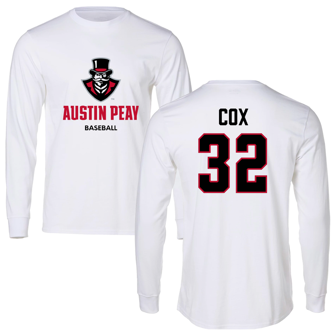 Austin Peay State University Baseball White Performance Long Sleeve - #32 Chance Cox