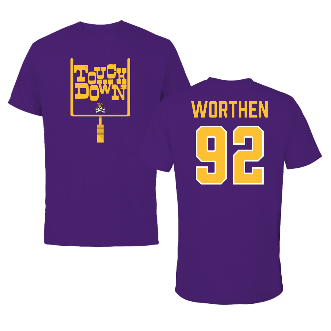 East Carolina University Football Purple Touchdown Tee - #92 Dylon Worthen