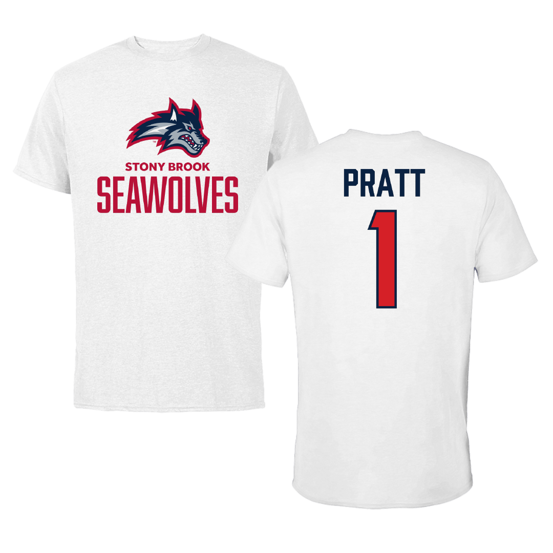 Stony Brook University Basketball (M) White Performance Tee - #1 Erik Pratt
