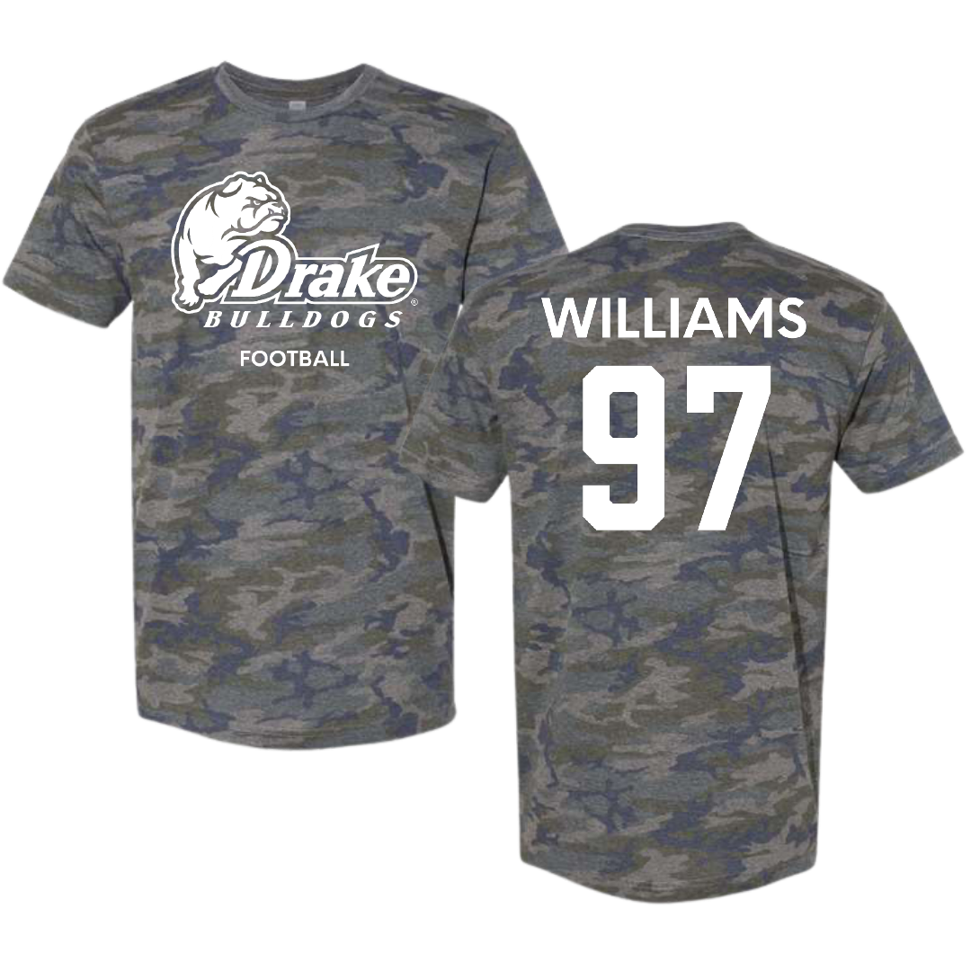 Drake University Football Vintage Camo Tee - #97 Jadon Williams