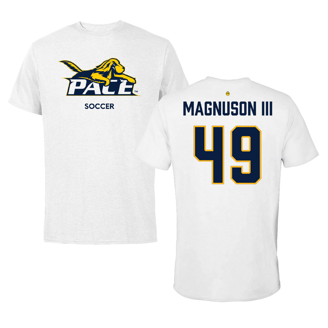 Pace University Soccer (M) White Performance Tee - #49 Peter Magnuson III