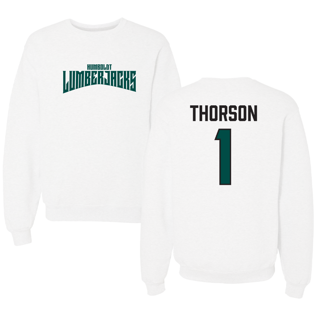 Cal Poly Humboldt Basketball (M) White Classic Crewneck - #1 Raydon Thorson