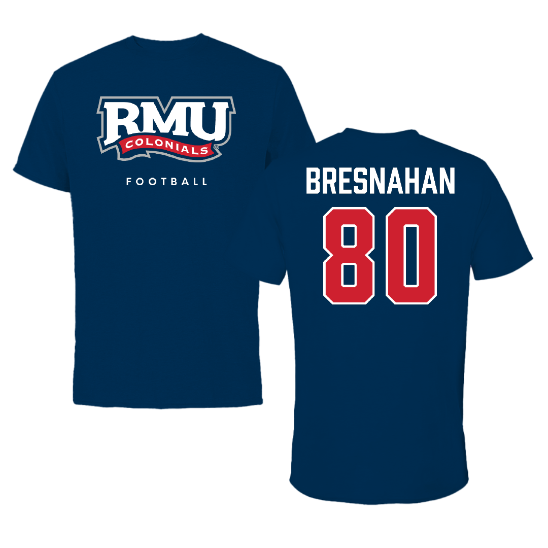 Robert Morris University Football Navy Tee - #80 Mac Bresnahan