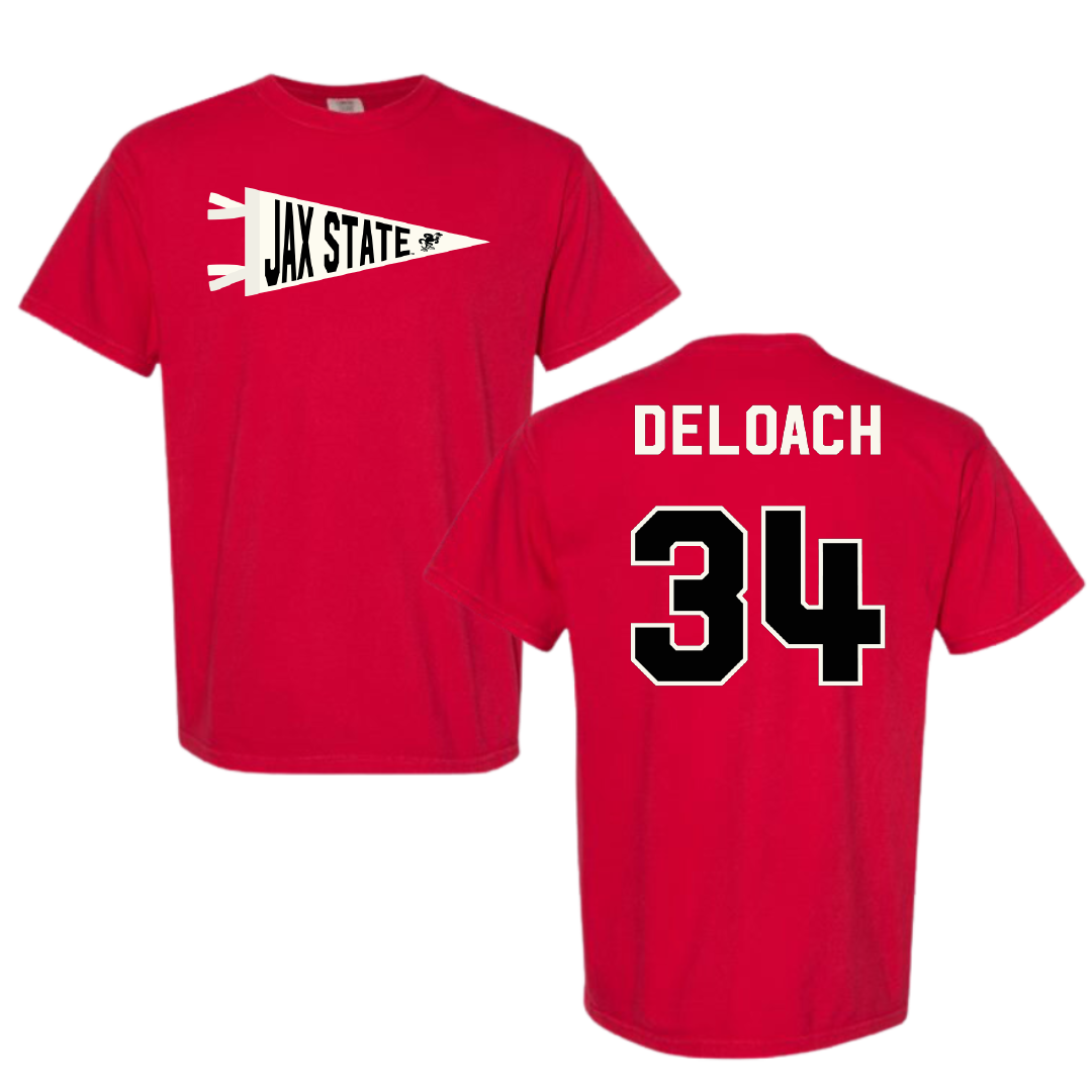 Jacksonville State University Football Red Pennant Comfort Colors Tee - #34 Dajwon DeLoach