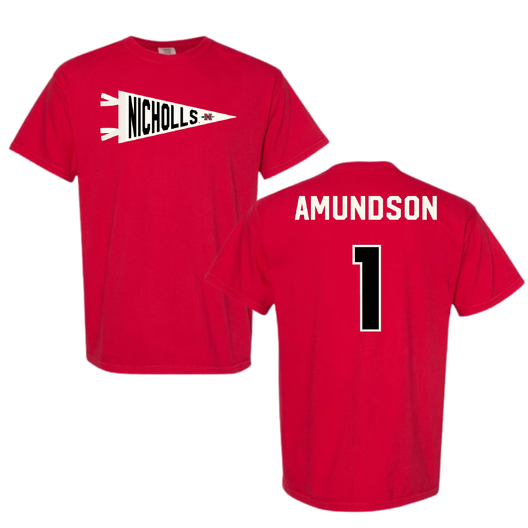 Nicholls State University Baseball Red Pennant Comfort Colors Tee - #1 Kaden Amundson