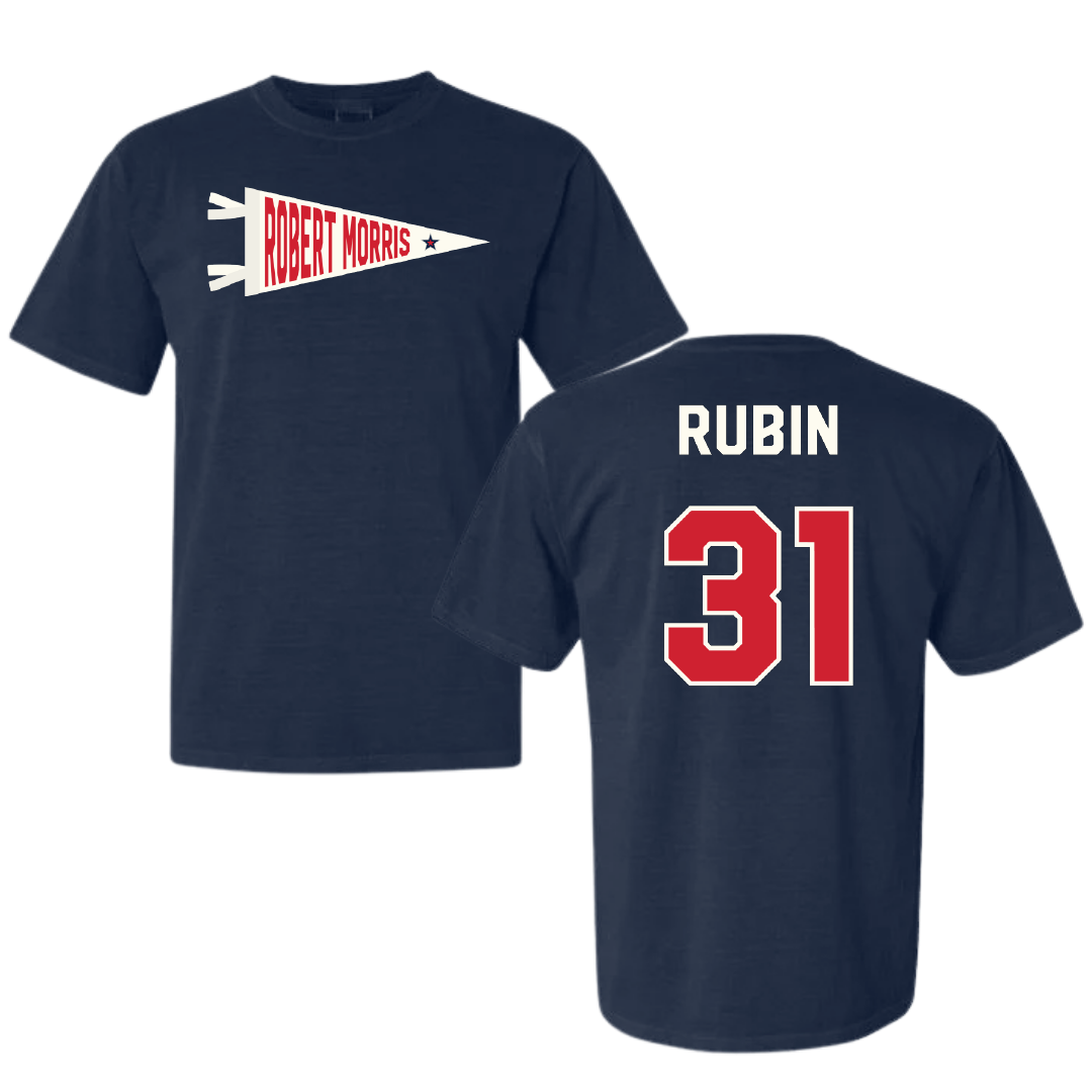 Robert Morris University Ice Hockey Navy Pennant Comfort Colors Tee - #31 Liv Rubin