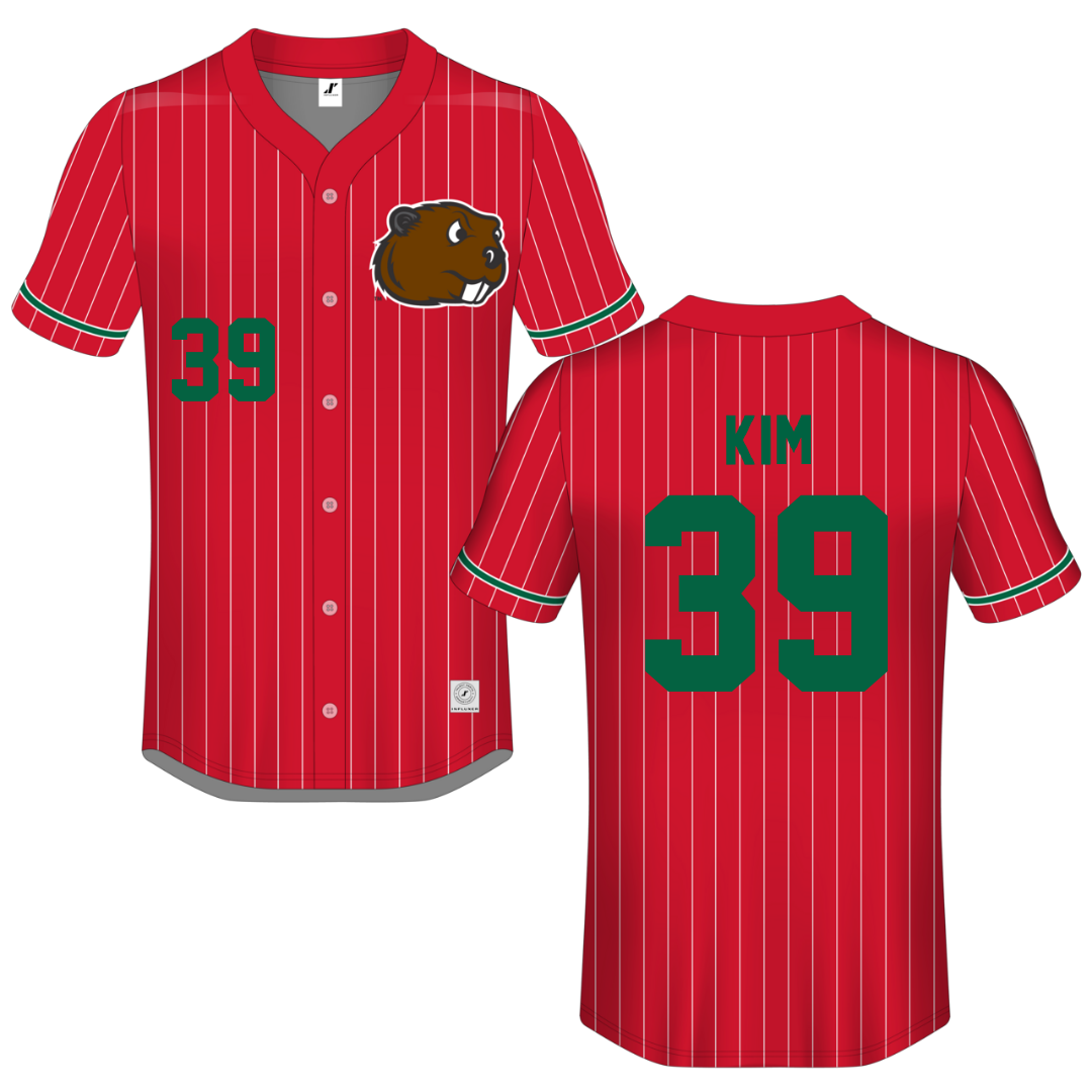 Minot State University Red Pinstripe Button-Down Jersey - #39 Andrew Kim