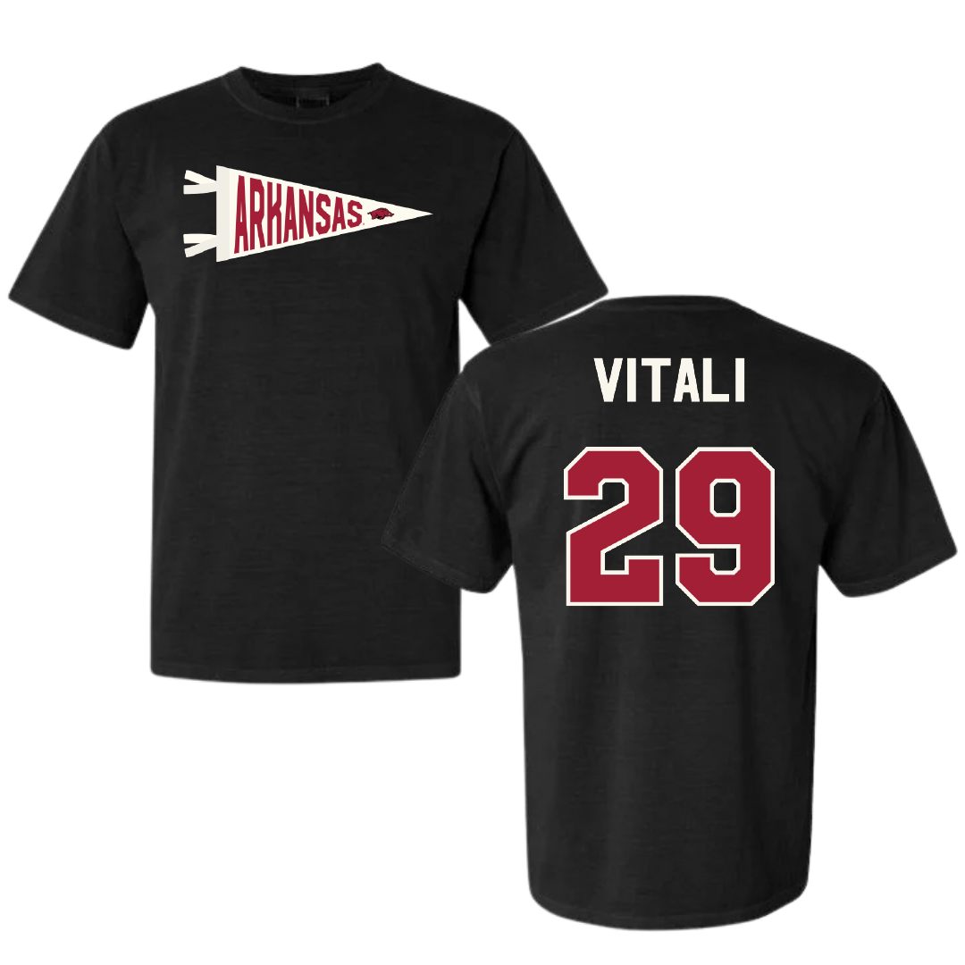 University of Arkansas Soccer Black Pennant Comfort Colors Tee - #29 Evie Vitali