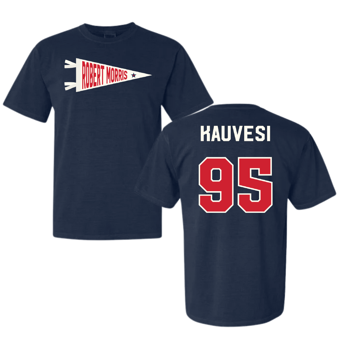 Robert Morris University Football Navy Pennant Comfort Colors Tee - #95 Josh Kauvesi