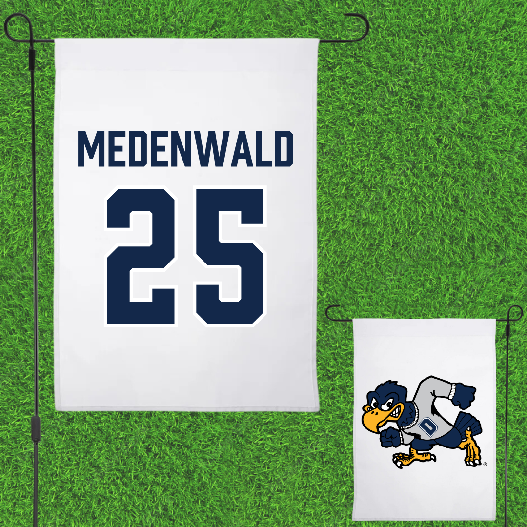 Dickinson State University Football White Garden Flag - #25 Rustin Medenwald