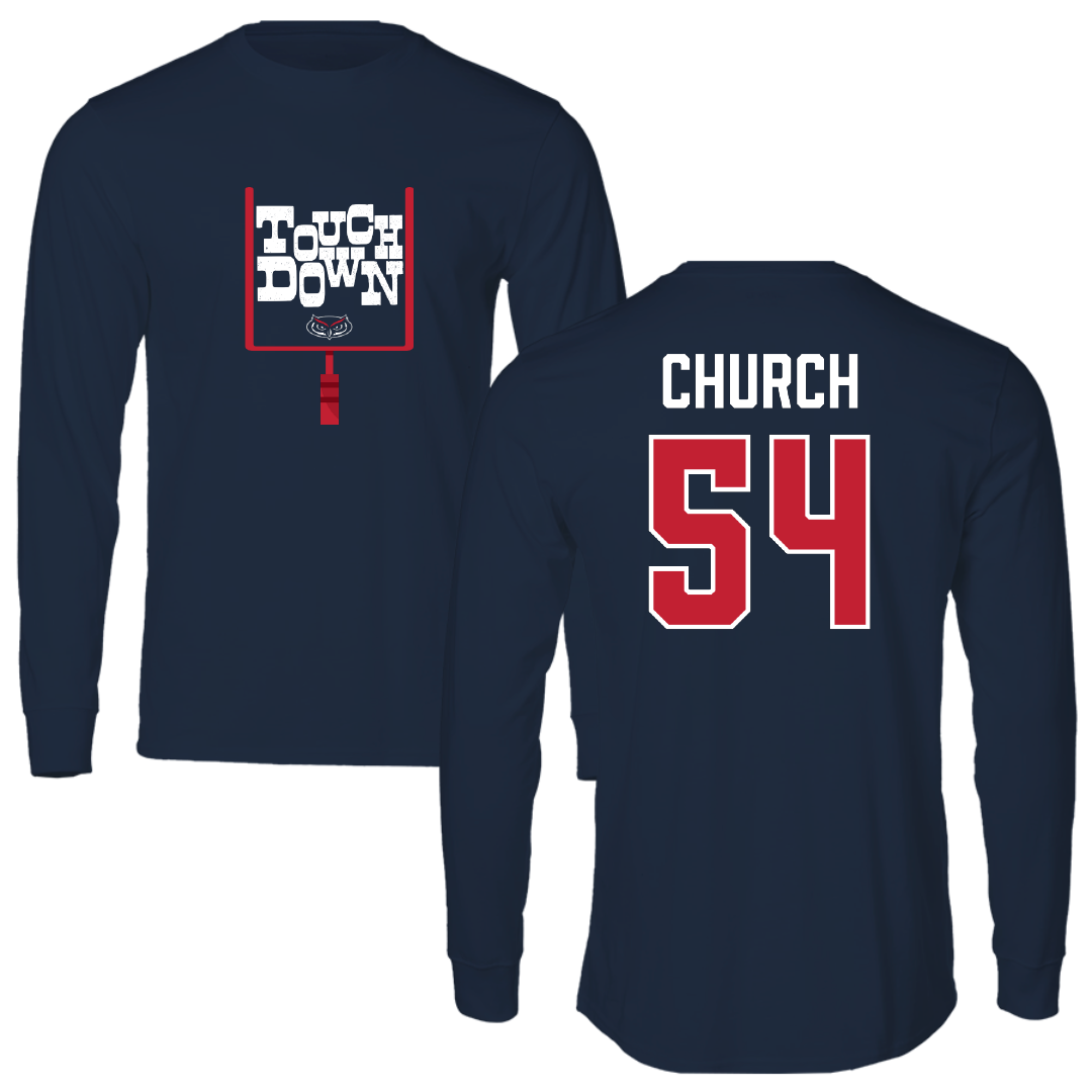 Florida Atlantic University Football Navy Touchdown Long Sleeve - #54 Jordan Church