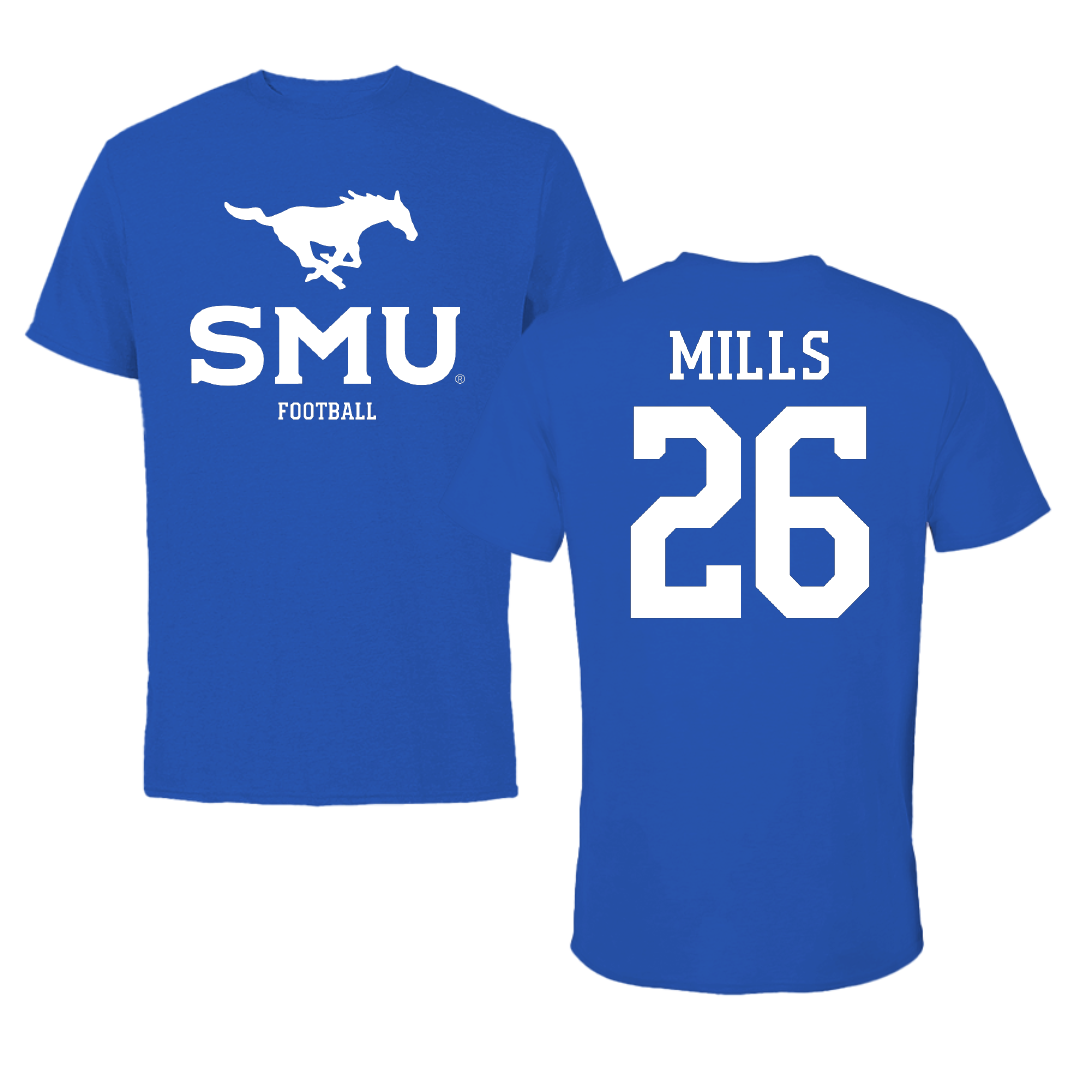 Southern Methodist University Football Blue Mascot Performance Tee - #26 Keyshon Mills