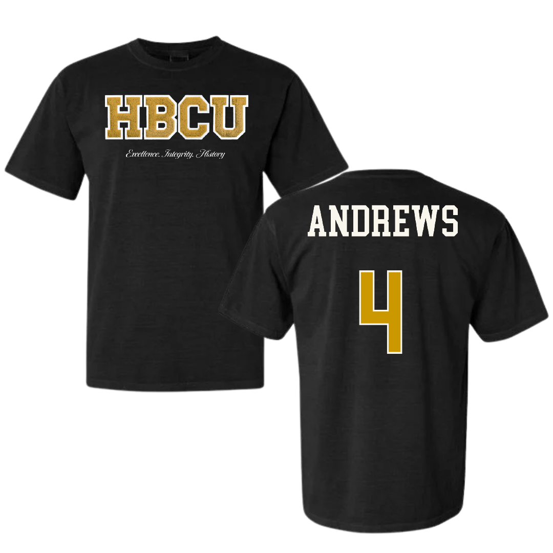 Alabama State University Basketball (M) Black HBCU Varsity Comfort Colors Tee - #4 Mario Andrews
