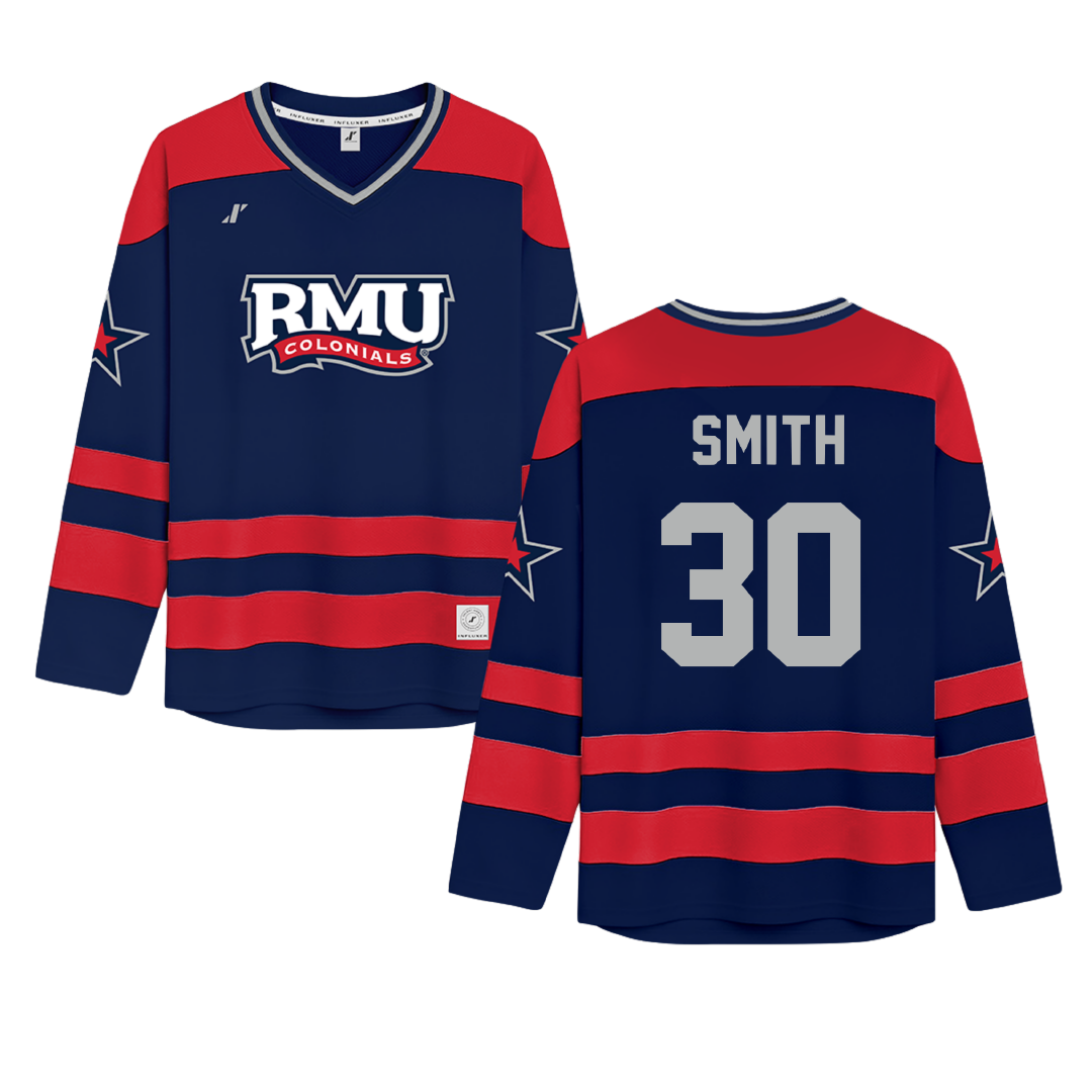Robert Morris University Navy Hockey Jersey - #30 Dawson Smith