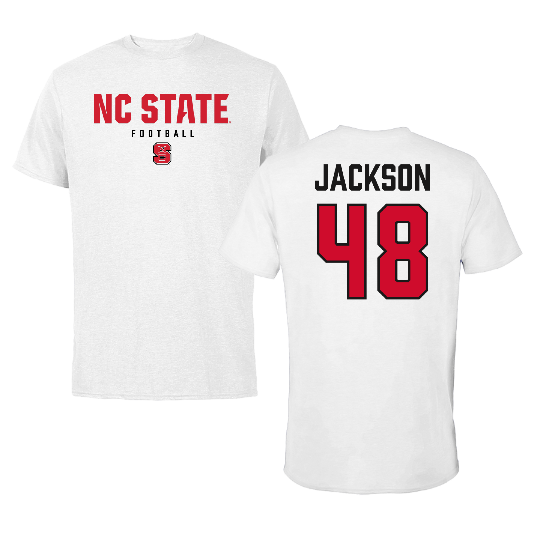 North Carolina State University Football White Tee - #48 Hunter Jackson