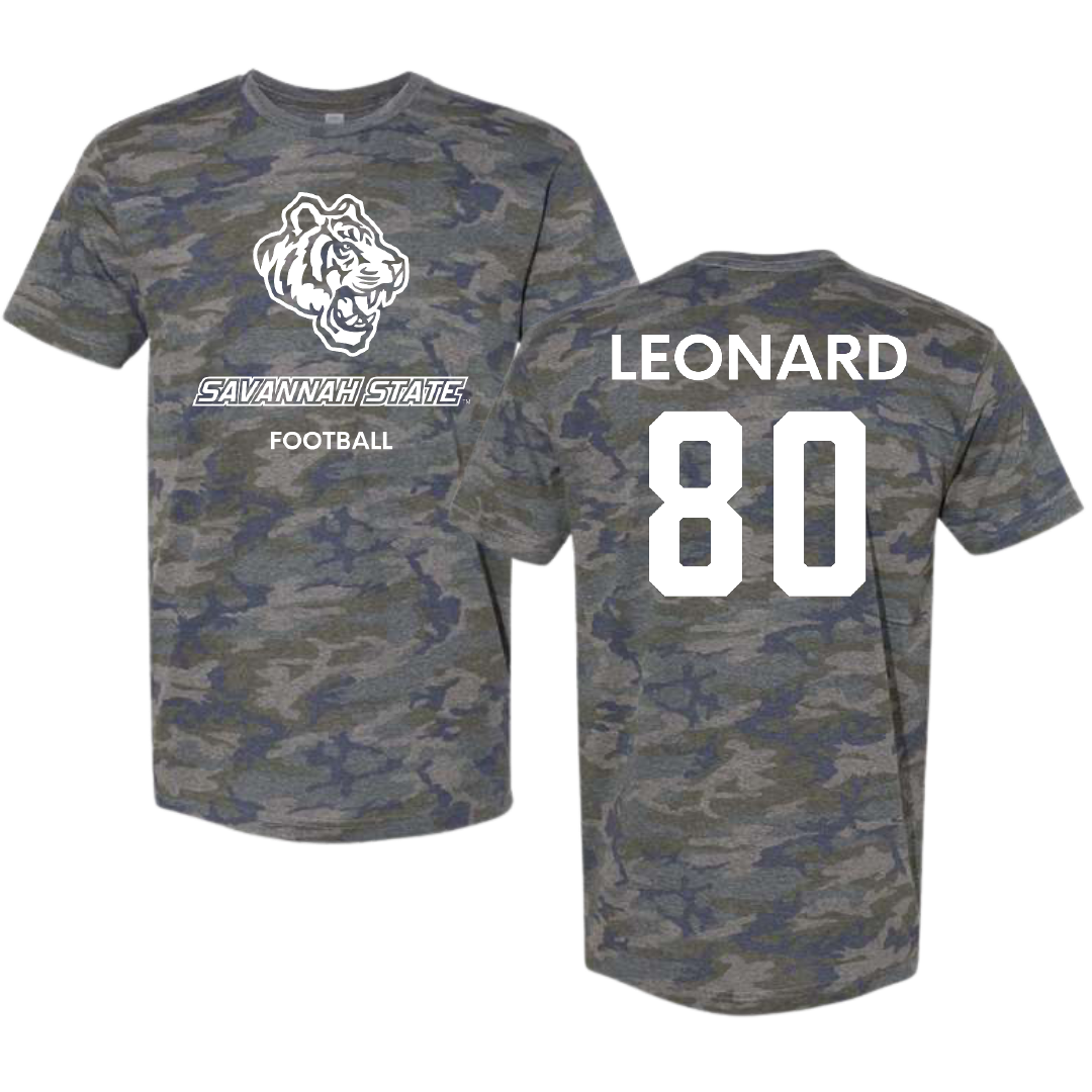 Savannah State University Football Vintage Camo Tee - #80 Jalen Leonard